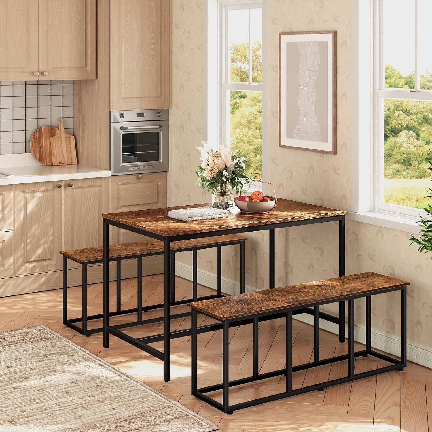 Dining Bench, 47.2 Inch Dining Table Bench, Industrial Style Kitchen Bench, Steel Frame, Easy to Assemble, for Kitchen, Dining Room, Rustic Brown and Black BF45CD01