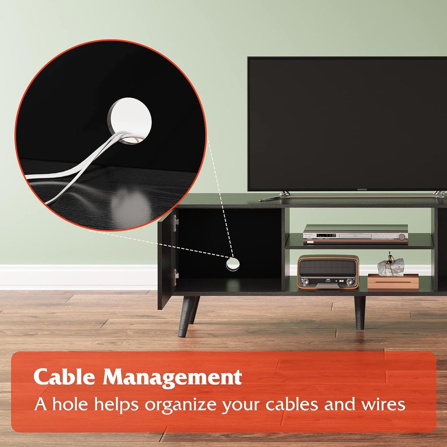 Mid-Century Modern TV Stand for 55 60 65 Inch TV, Entertainment Center with Storage & Adjustable Shelves, Media TV Console with Soft-Close Cabinets for Living Room Bedroom, Black