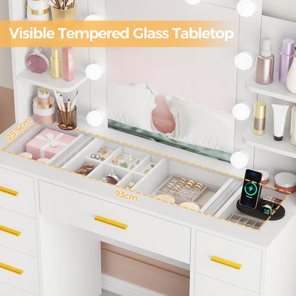 Makeup Vanity Desk with Mirror and Lights White Vanity Table with Glass Top Power Outlet Stool,Makeup Desk with 9 Drawers and 4 Storage Shelves,Dressing Table for Bedroom Women FST39W