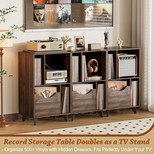 Record Player Stand with Vinyl Storage Drawer – Wooden Turntable Side Table for All Record Players and Speakers, Large LP Storage Cabinet for Living Room, Bedroom, or Office