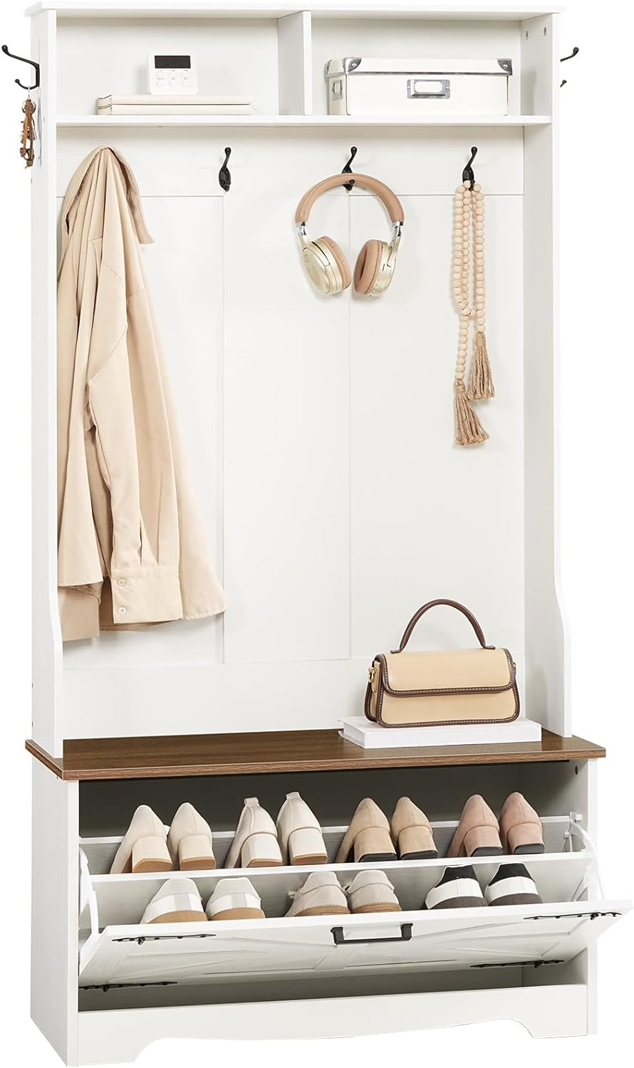 Hall Tree with Bench, Entryway Bench with Coat Rack and Shoe Cabinet, Flip Drawers, Farmhouse Hall Tree with Shoe Organizer, Mud Room, White and Walnut WH85MT01