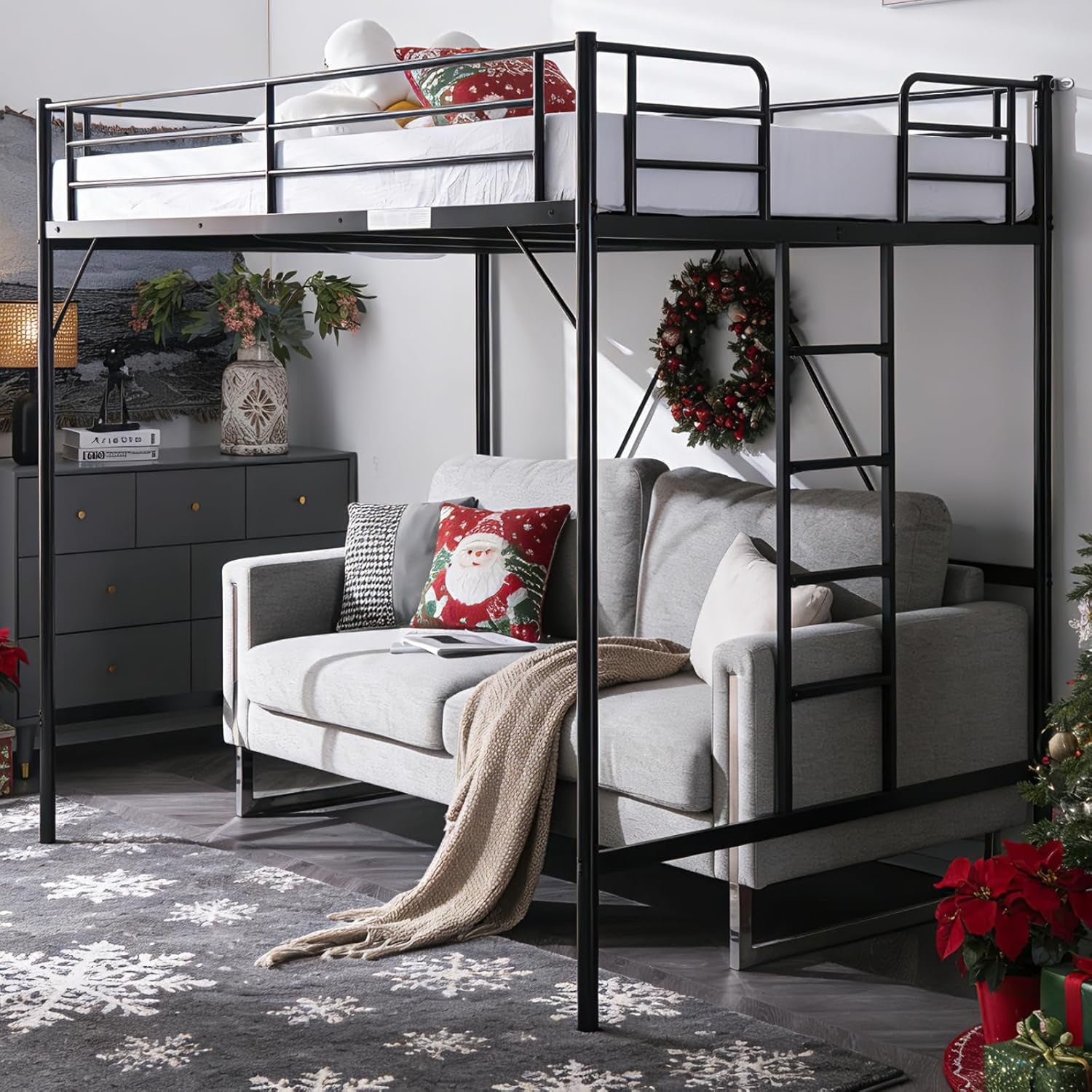 Loft Bed Full Size with Flat Rungs for Adults, Kids and Young Teens, No Box Spring Required,Heavy Duty Metal Slat Support,Black