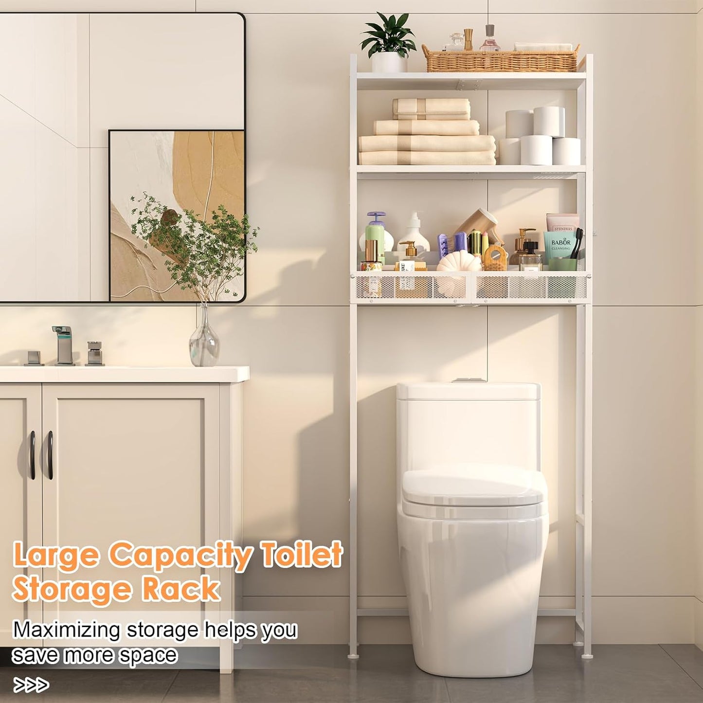 3-Tier over the Toilet Storage Shelf, Metal over Toilet Bathroom Organizer with Dividers, Freestanding Bathroom Space Saver Rack with Adjustable Shelf & Feet, White