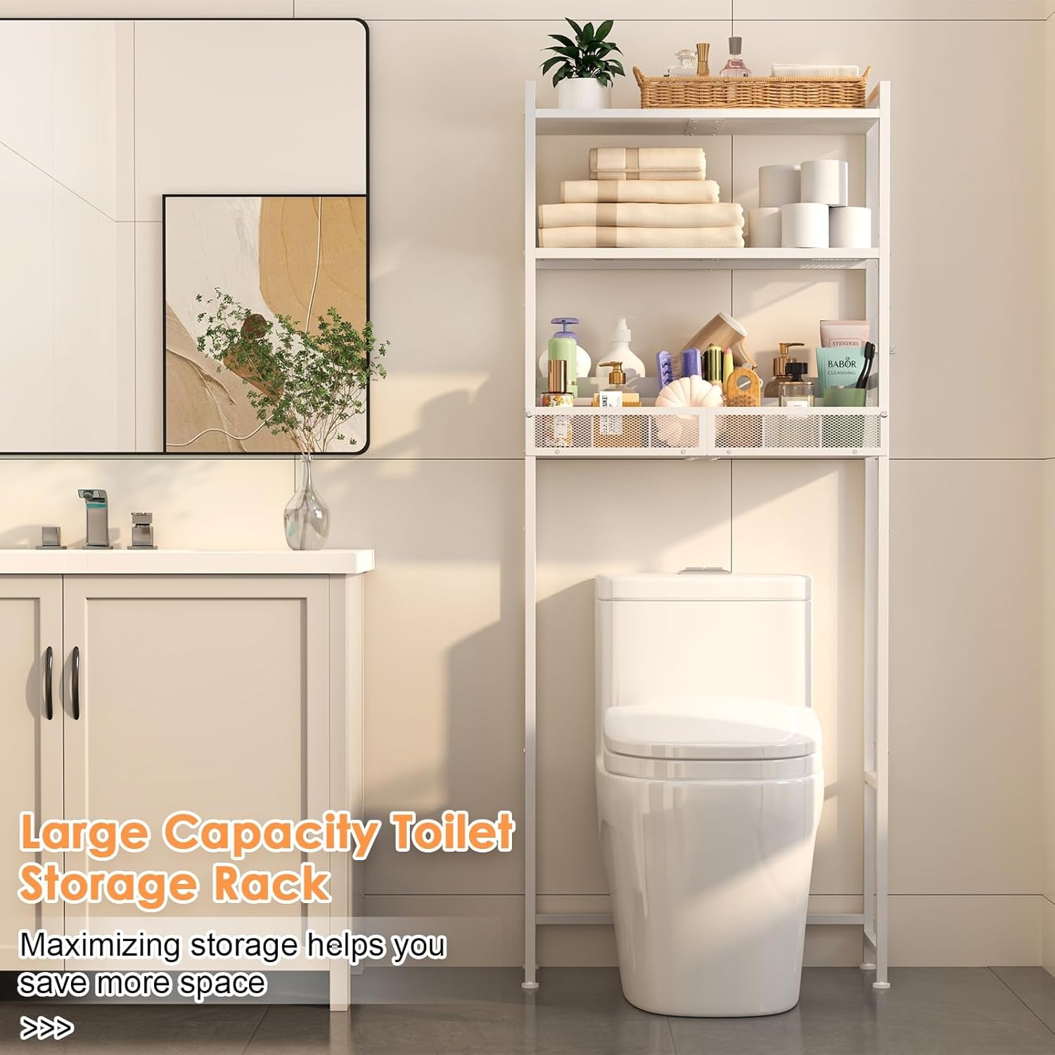 3-Tier over the Toilet Storage Shelf, Metal over Toilet Bathroom Organizer with Dividers, Freestanding Bathroom Space Saver Rack with Adjustable Shelf & Feet, White