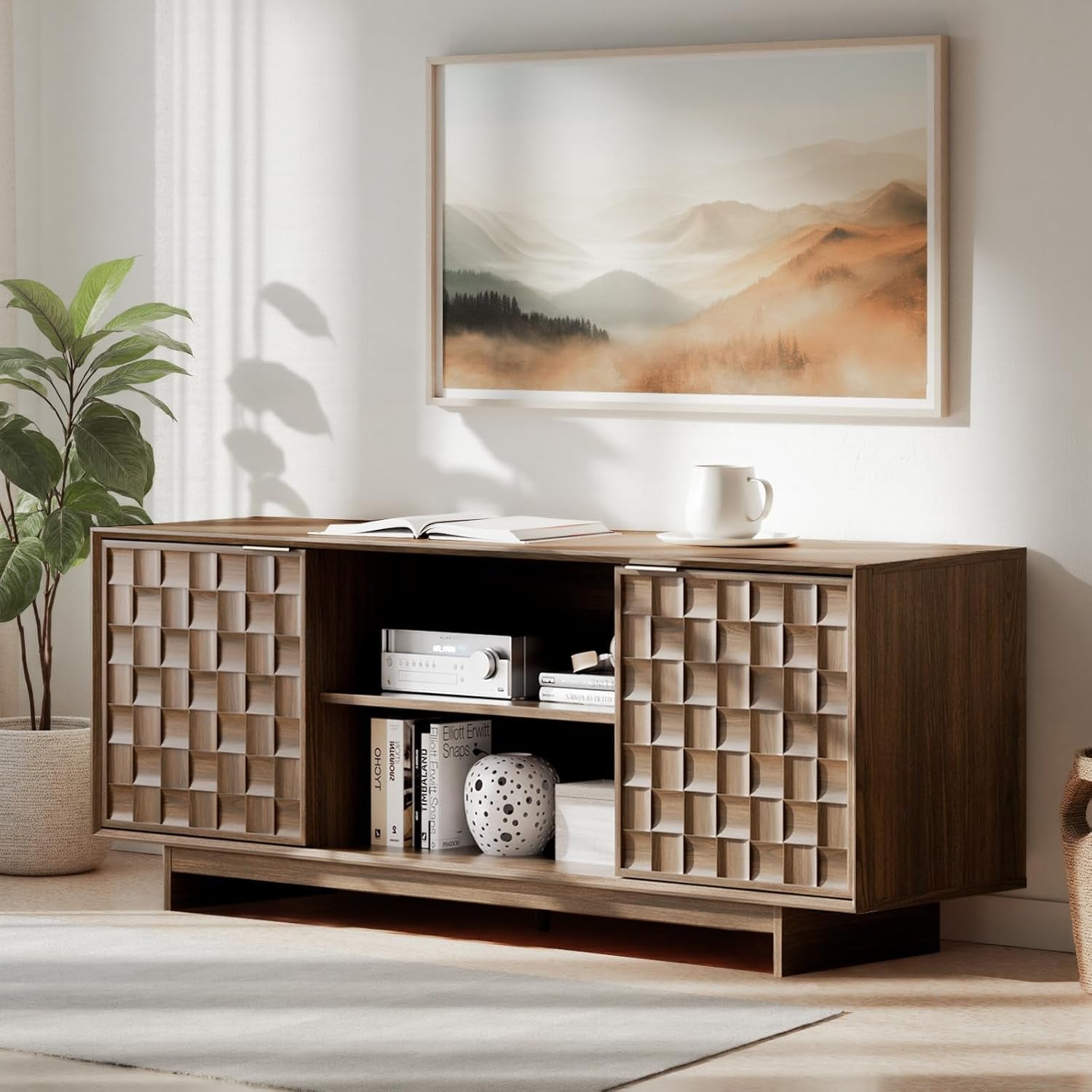 TV Stand with Two Doors, Entertainment Center 59" with Adjustable Shelves and Storage, Mid-Century Modern TV Stand for 50/55/65 Inch TV, Media Console Cabinet for Living Room, Bedroom Walnut