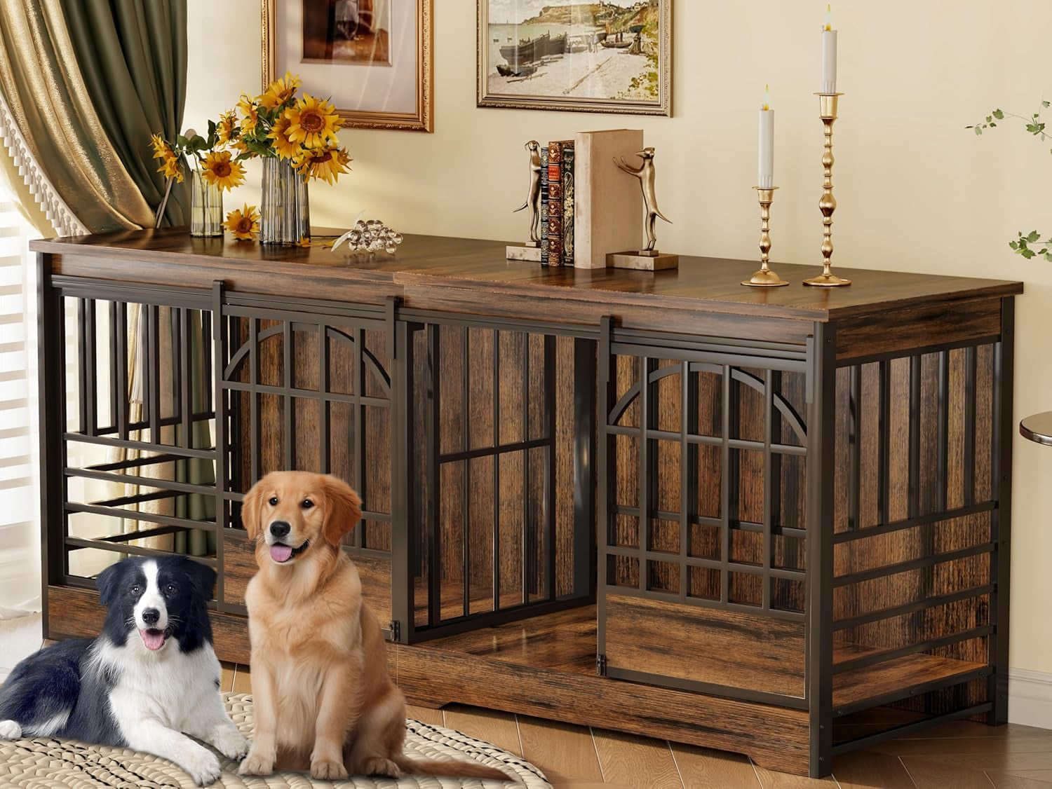 78 Inch Double Dog Crate Furniture, Extra Large Dog Kennel Indoor with Divider, Heavy Duty Dog Cage for 2 Dogs, Decorative Wooden Dog House Decorative Table TV Stand, Pet House for Xlarge Dogs,Brown