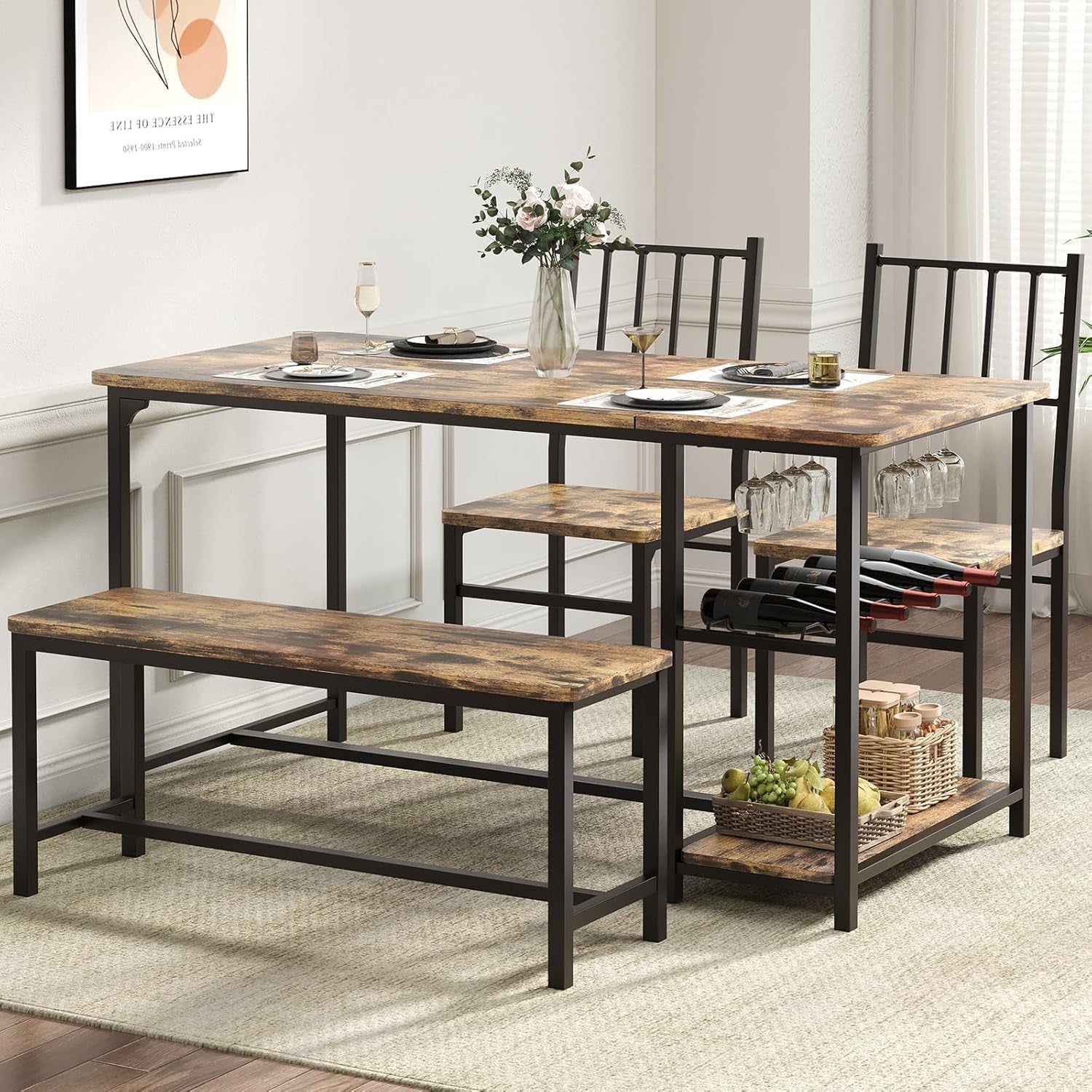 Dining Table Set for 4, 55" Small Kitchen Table with Wine Rack & Wine Glasses Holder, Dining Room Table Set with 2 Chairs and Bench for Small Space, Black