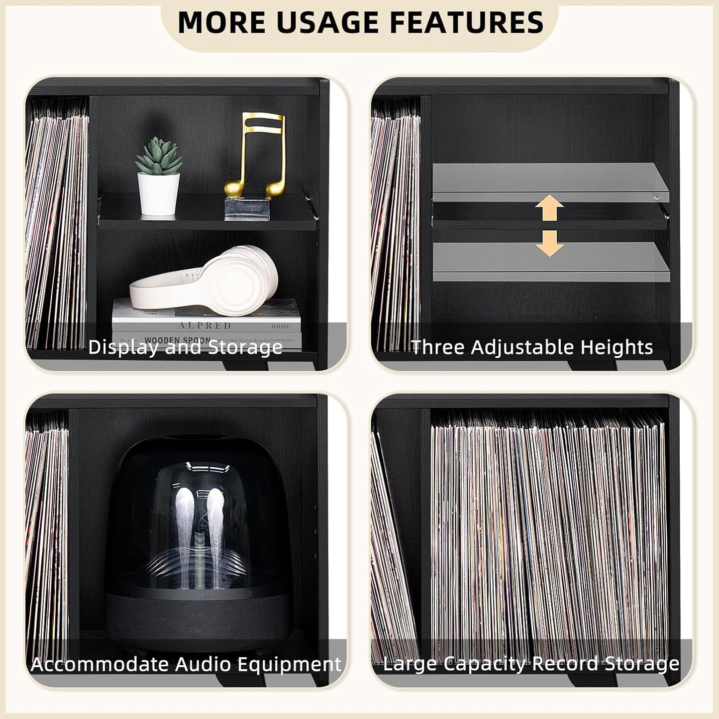 Record Player Stand,Vinyl Record Storage Table with 4 Cabinet up to 120 Albums,Mid-Century Turntable Stand with Wood Legs,Black Vinyl Holder Display Shelf for Bedroom Living Room