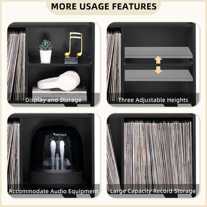 Record Player Stand,Vinyl Record Storage Table with 4 Cabinet up to 120 Albums,Mid-Century Turntable Stand with Wood Legs,Black Vinyl Holder Display Shelf for Bedroom Living Room