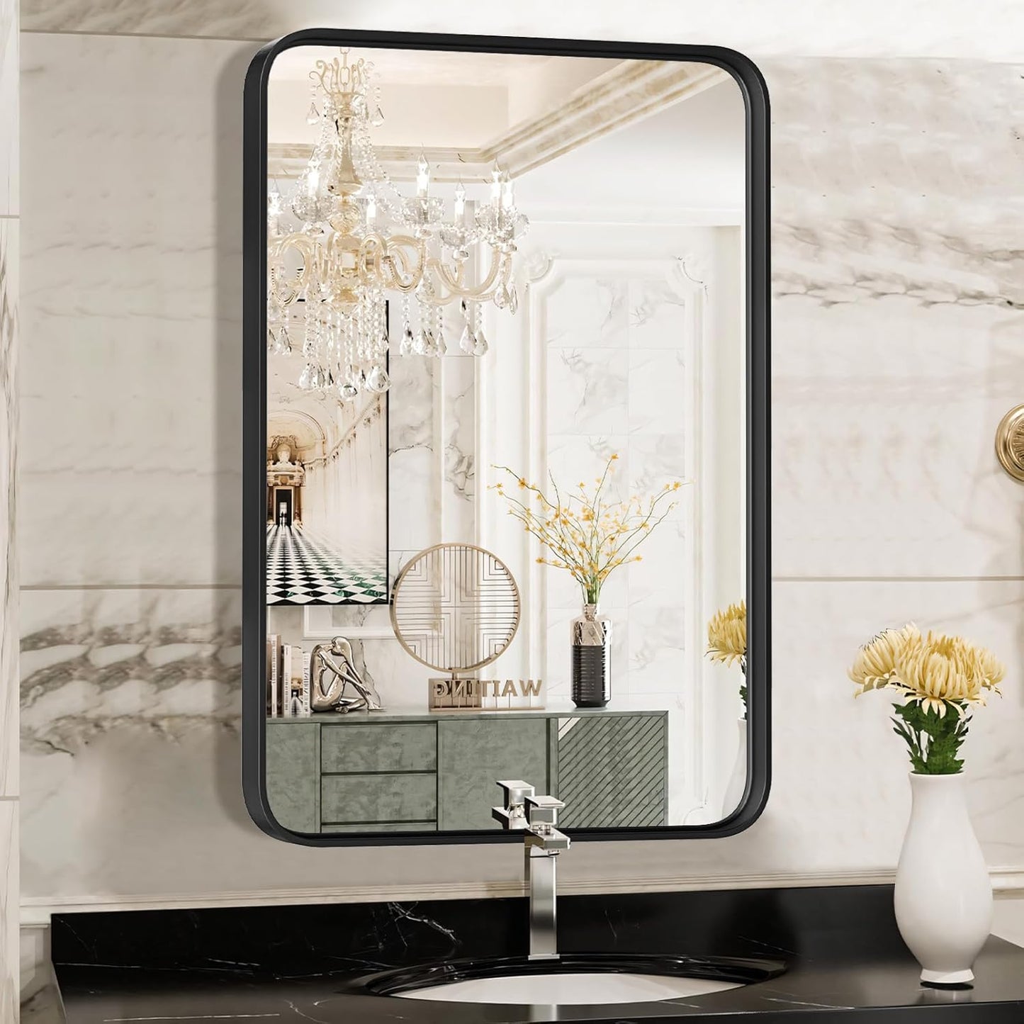 Black Bathroom Vanity Mirror for Wall, 22X30 Inch Metal Framed Wall Mirror Farmhouse Rectangle, Anti-Rust, Tempered Glass, Hangs Horizontally or Verticall
