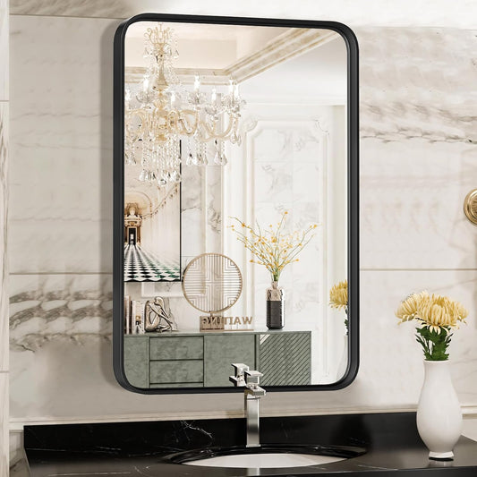 Black Bathroom Vanity Mirror for Wall, 22X30 Inch Metal Framed Wall Mirror Farmhouse Rectangle, Anti-Rust, Tempered Glass, Hangs Horizontally or Verticall