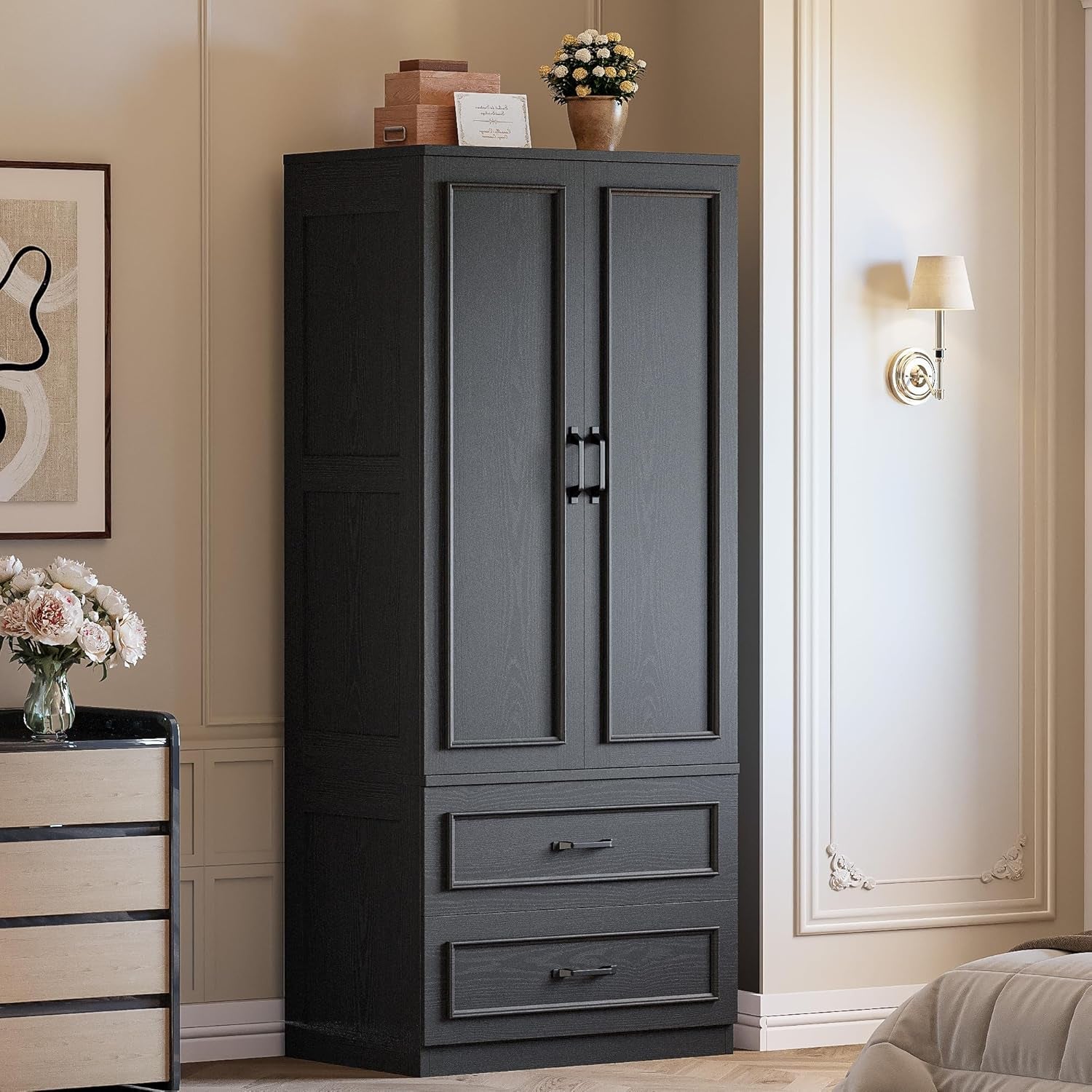 Armoire Wardrobe Closet with 2 Doors and 2 Drawers 70" H X 28" W Wooden Bedroom Freestanding Wardrobe Combination for Hanging Clothes, Black
