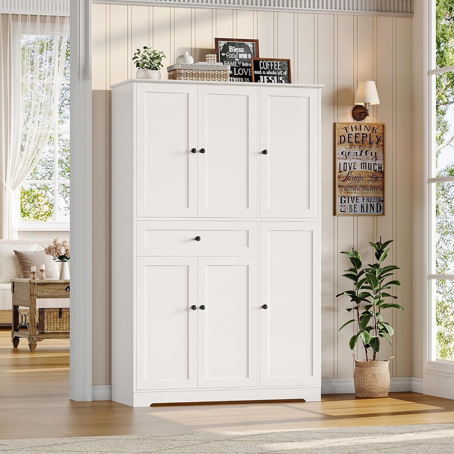68" Tall Kitchen Pantry Storage Cabinet, Modern Kitchen Hutch Cabinet with Doors and Shelves, Freestanding Food Pantry with Large Storage Drawer for Dining Room, Living Room, White