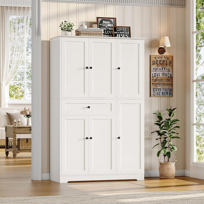 68" Tall Kitchen Pantry Storage Cabinet, Modern Kitchen Hutch Cabinet with Doors and Shelves, Freestanding Food Pantry with Large Storage Drawer for Dining Room, Living Room, White