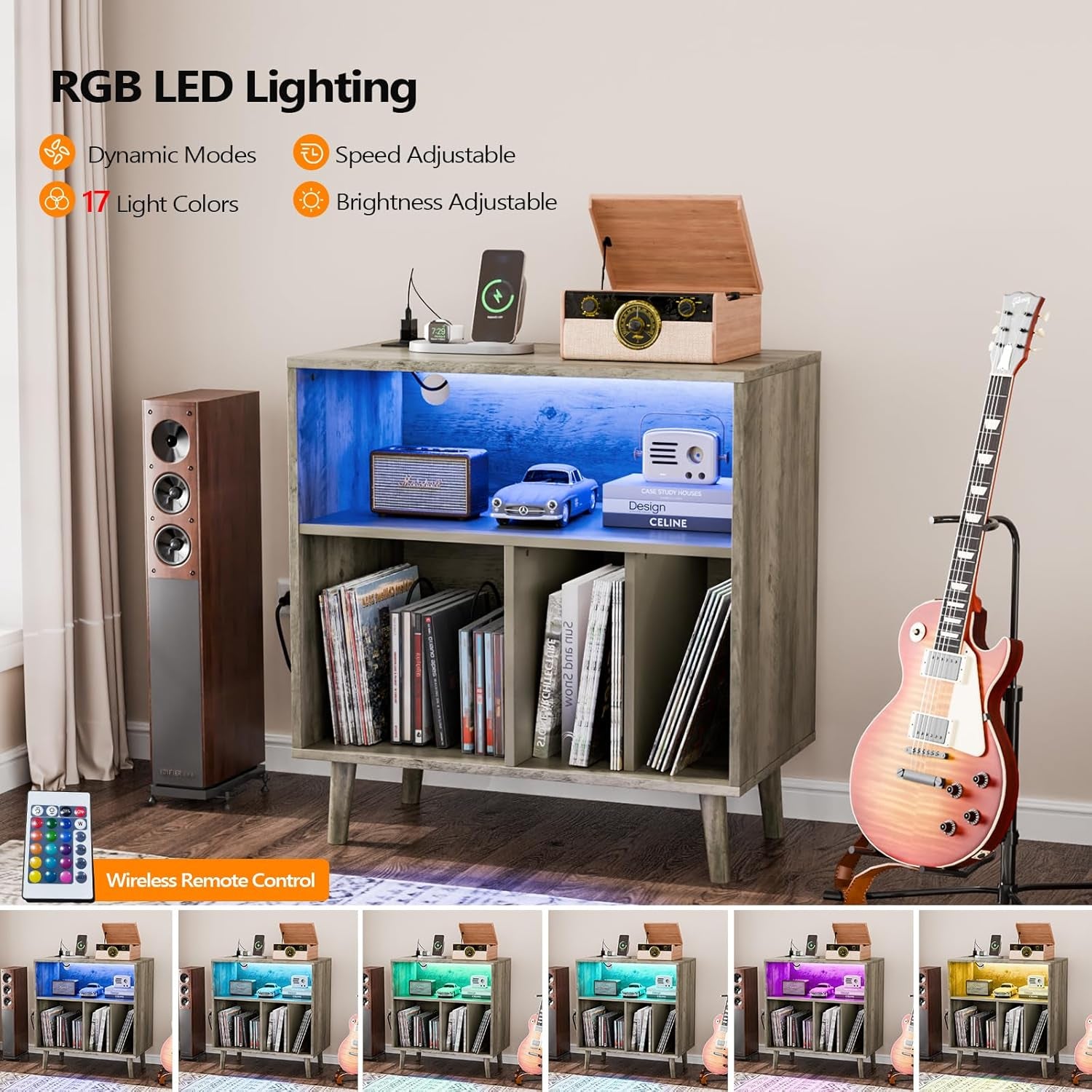 Record Player Stand with Open Vinyl Storage, Mid-Century Album Storage Table with LED Light up to 300 Albums, Vinyl Record Player Shelf with Power Outlet for Living Room, Grey Oak