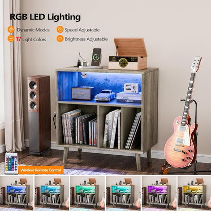 Record Player Stand with Open Vinyl Storage, Mid-Century Album Storage Table with LED Light up to 300 Albums, Vinyl Record Player Shelf with Power Outlet for Living Room, Grey Oak