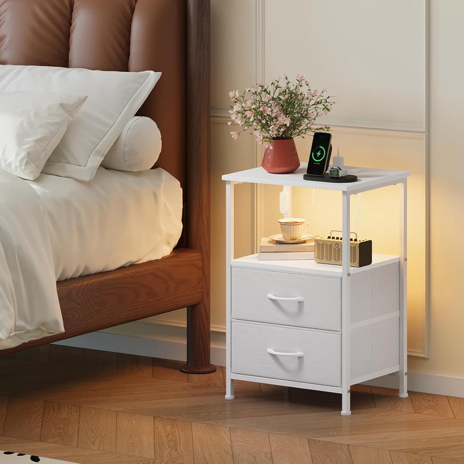 White Nightstand with Charging Station and LED Light for Bedroom, 2 Drawers Dresser with Fabric Bins for Bedside Kids Dorm Room Closet Laundry Entryway, White Leather