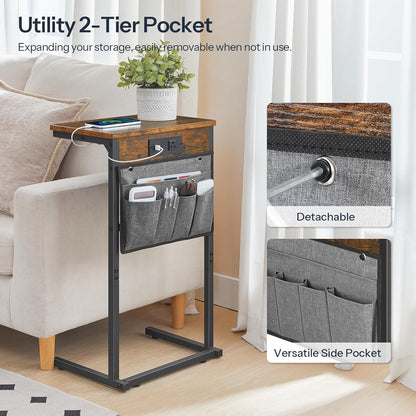 C Shaped End Table with Charging Station, 28" H Couch Side Table Slide Under, Sofa Arm Tray Table with Storage Bag for Living Room, Recliner, Rustic Brown BF70USF01