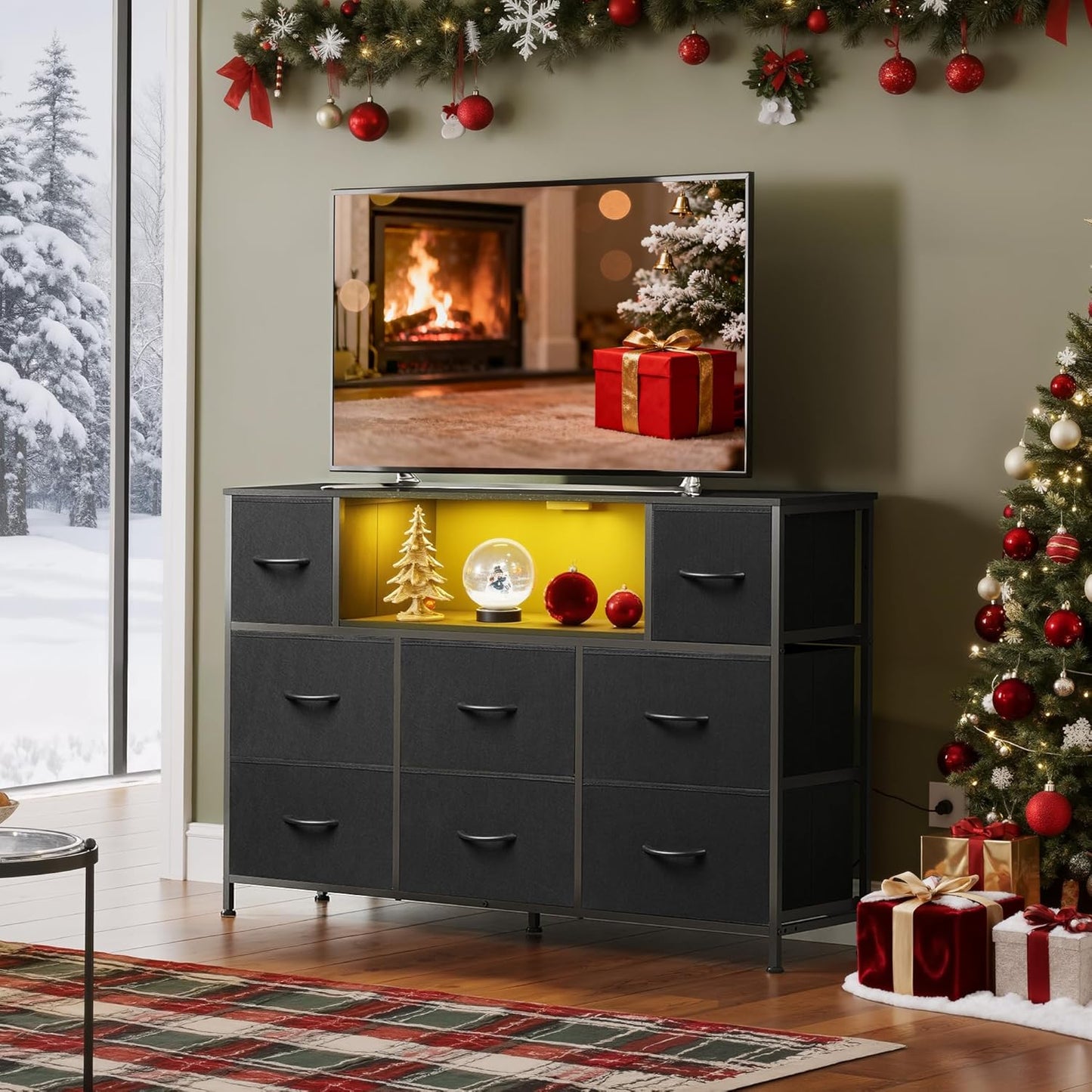 Black Dresser TV Stand for 45, 50, 55 Inch TV, Entertainment Center with LED Lights & Charging Station, Chest of Drawers with 8 Fabric Drawers and Open Shelves for Living Room, Hallway, Wood Top