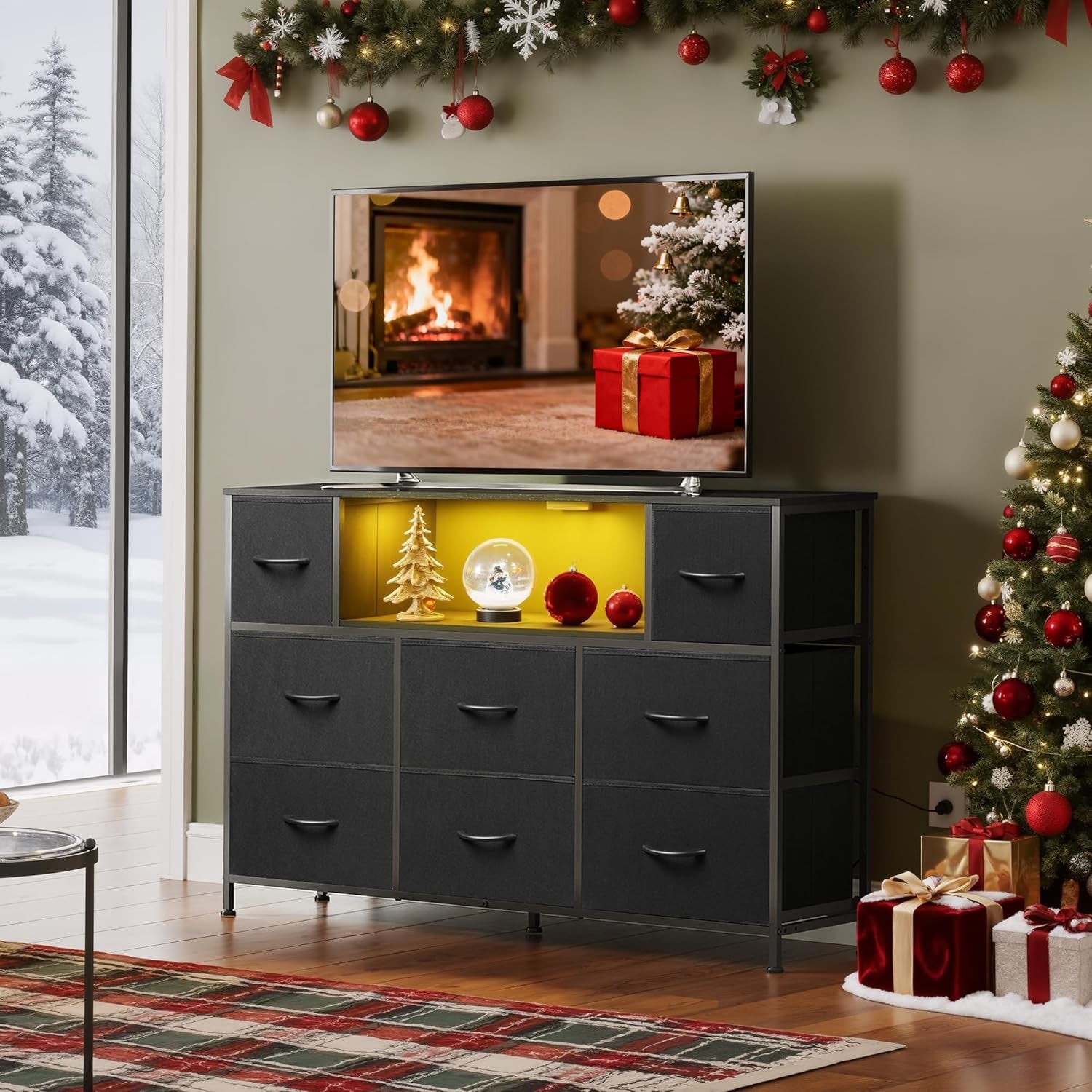 Black Dresser TV Stand for 45, 50, 55 Inch TV, Entertainment Center with LED Lights & Charging Station, Chest of Drawers with 8 Fabric Drawers and Open Shelves for Living Room, Hallway, Wood Top