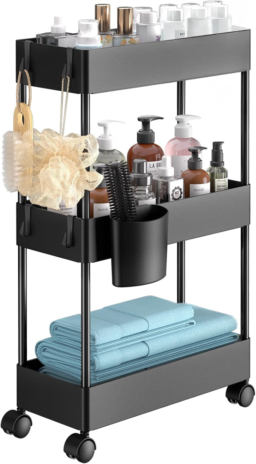 Slim Storage Cart with Wheels - 3 Tier Bathroom Organizers and Storage Cart - Rolling Carts for Bathroom, Kitchen, Narrow Space, Laundry Room,Black