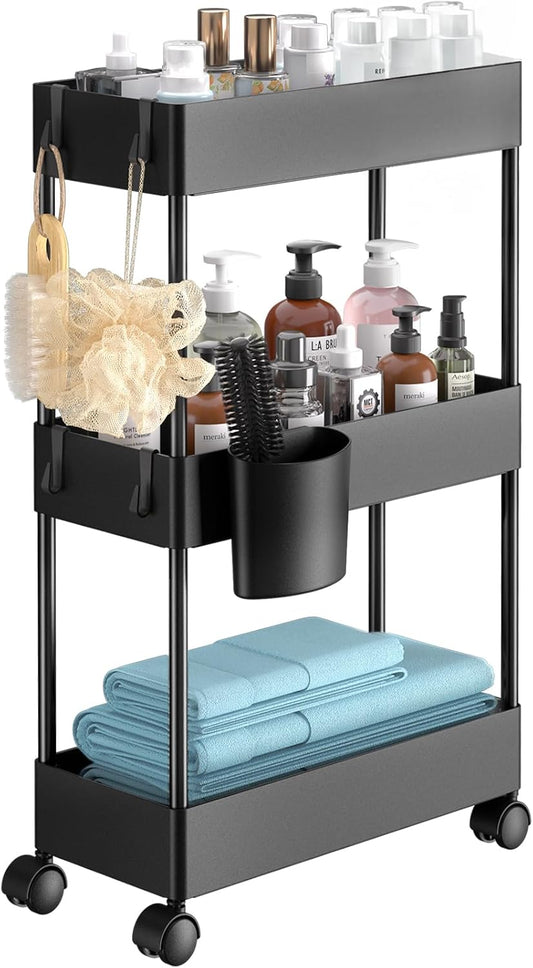 Slim Storage Cart with Wheels - 3 Tier Bathroom Organizers and Storage Cart - Rolling Carts for Bathroom, Kitchen, Narrow Space, Laundry Room,Black