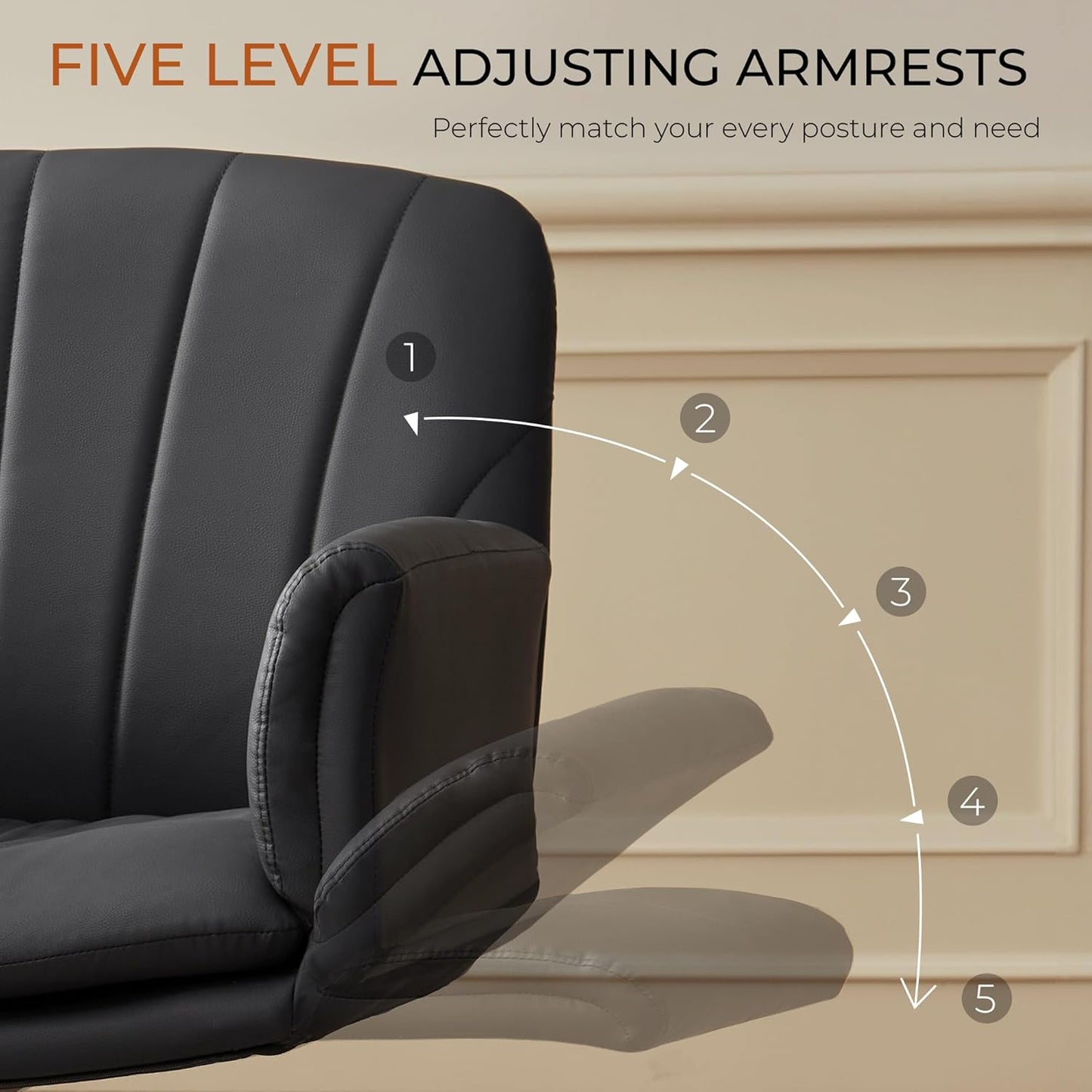 Criss Cross Chair with Five-Level Adjustable Arms and Wheels - Comfortable Ergonomic PU Leather Swivel Vanity Chair - Computer Makeup Gaming Chair for Home Office, Bedroom, Living Room (Black)