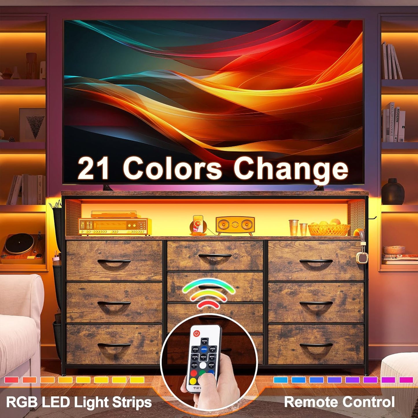 Dresser for Bedroom with 10 Drawers for 55" TV Stands for Living Room with LED Lights & Power Outlets Dressers with Shelves & Side Pockets Rustic Brown