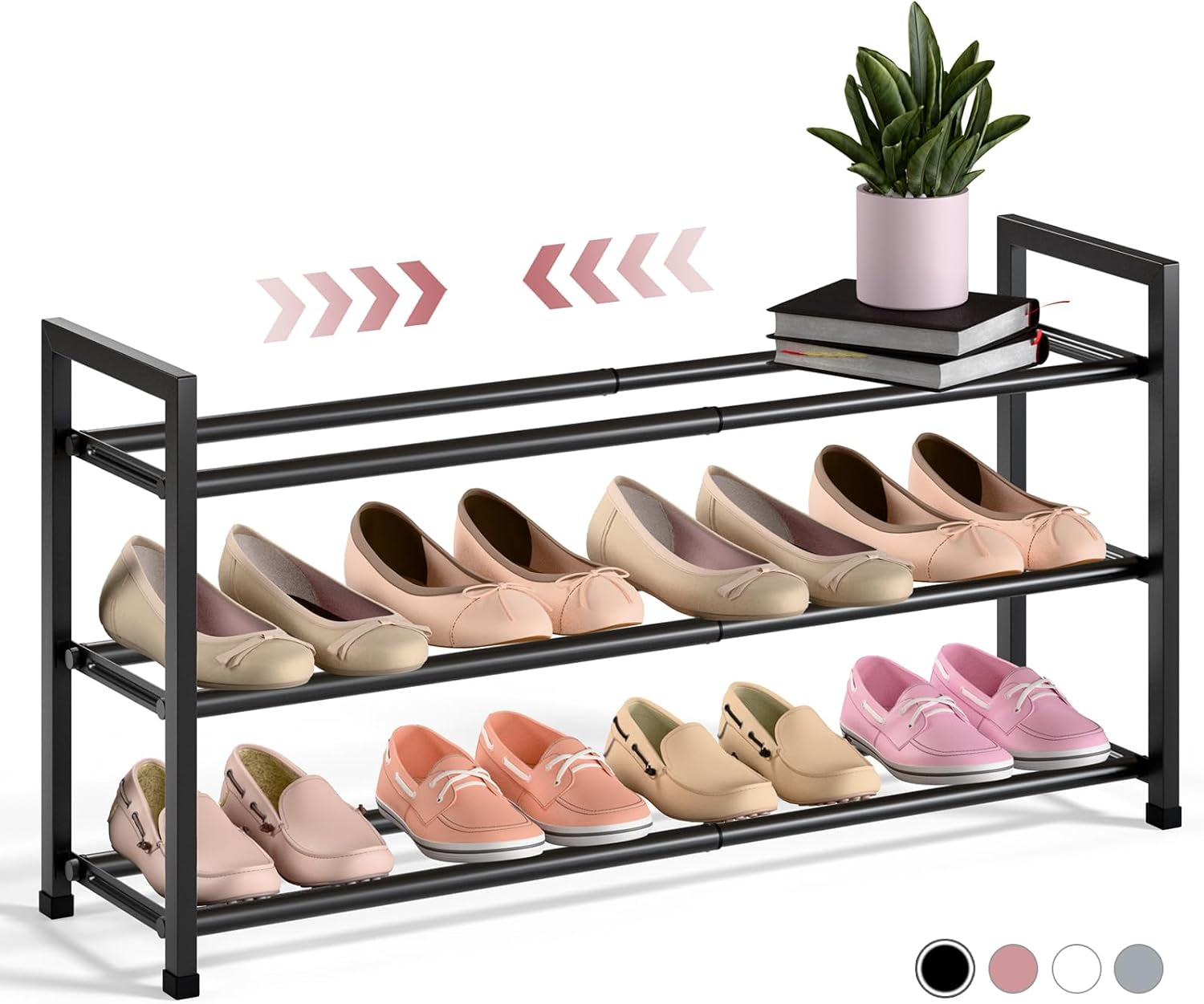 3-Tier Expandable Shoe Rack for Closet, 18“-33” Adjustable Shoe Rack for Small Space, Small Shoe Organizer for Front Door, Sturdy Metal, Black