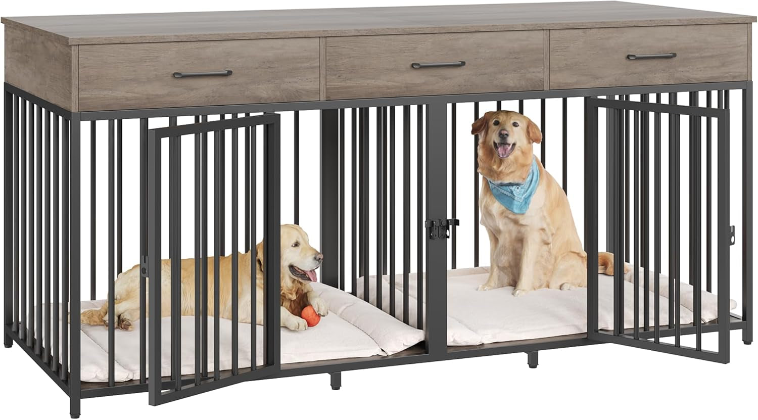 Double Dog Crates Furniture, 71" Wide Indoor Dog Kennel with 3 Drawers, Farmhouse Dog Cage for 2 Large/Medium Dogs, Heavy Duty Dog Crate with Removable Divider, Wooden Pet House, Ash Grey
