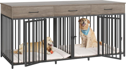 Double Dog Crates Furniture, 71" Wide Indoor Dog Kennel with 3 Drawers, Farmhouse Dog Cage for 2 Large/Medium Dogs, Heavy Duty Dog Crate with Removable Divider, Wooden Pet House, Ash Grey