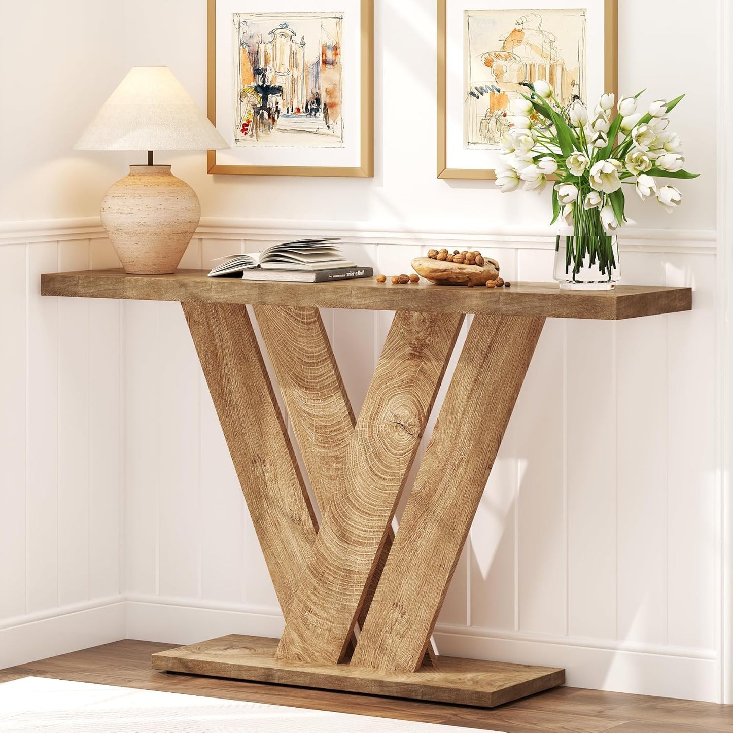 51 Inch Console Table, Farmhouse Entryway Table with V-Shaped, Wood Sofa Table behind Couch Table, Narrow Entryway Accent Table for Living Room, Hallway, Entrance, Foyer, Easy Assembly, Brown