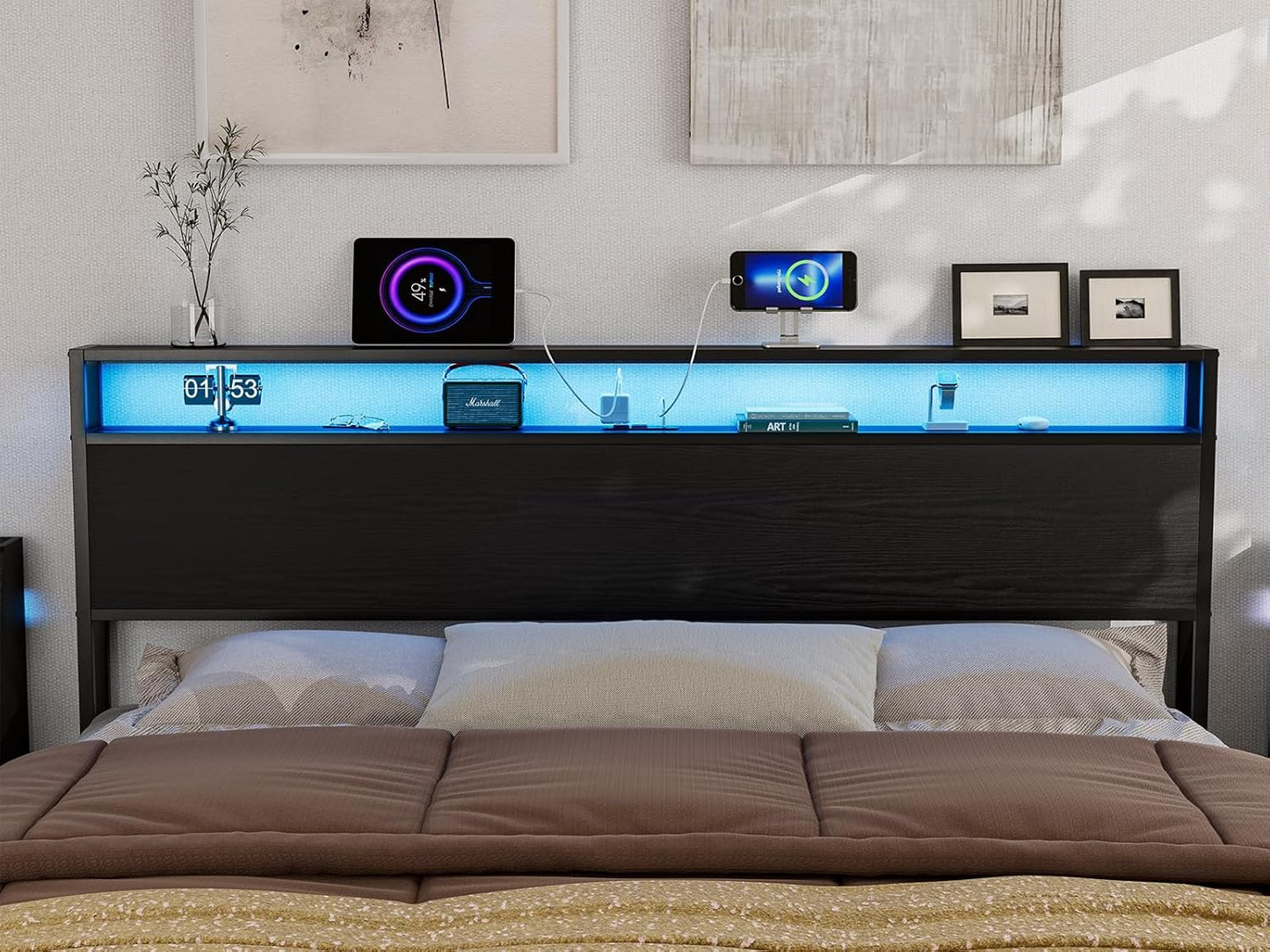 King Size Storage Headboard with LED Lights & Charging Station - Industrial Metal and Wood King Headboard Only for Bedroom, Attach Frame, Easy Assembly - Black