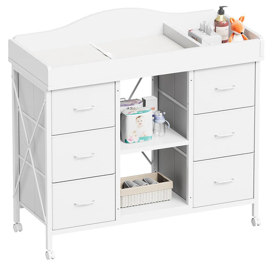 Changing Table, 6-Drawer Baby Dresser with Changing Table Top, Waterproof Diaper Changing Station & Pad, 2 Height-Adjustable Open Storage Shelves, Mobile Nursery Organizer, White