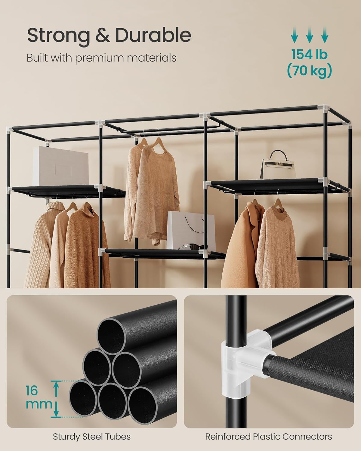 Portable Closet, Fabric Wardrobe, Clothes Rack with Shelves, Pockets, Large Capacity, 4 Hanging Rods, 17.7 X 74.4 X 70.9 Inches, Black URYG011BZ02