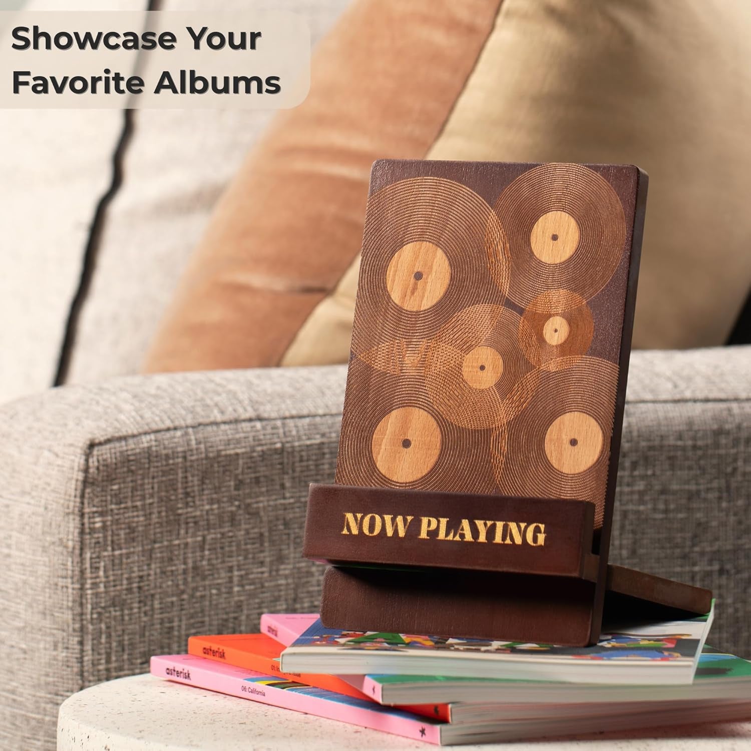Now Playing Vinyl Record Stand – Stylish Vinyl Holder & Display for Albums – Premium Classic Wood with Engraved Design – Record Holder Stand & Accessories