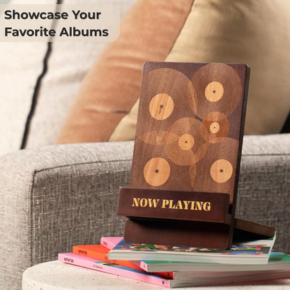 Now Playing Vinyl Record Stand – Stylish Vinyl Holder & Display for Albums – Premium Classic Wood with Engraved Design – Record Holder Stand & Accessories