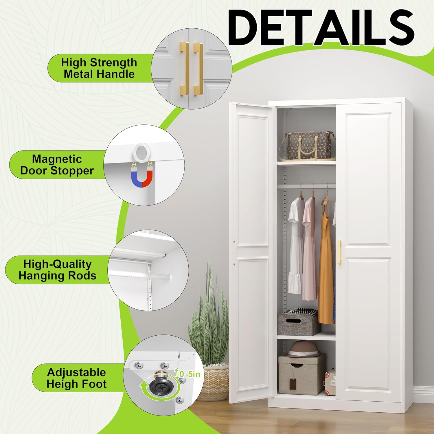 Armoire Wardrobe Closet with Doors, 71'' Wardrobe Cabinet with Hanging Rod, Metal Closet with 2 Adjustable Shelves for Bedroom School, Employee, Gym, Armarios De Ropa Para Dormitorio, White