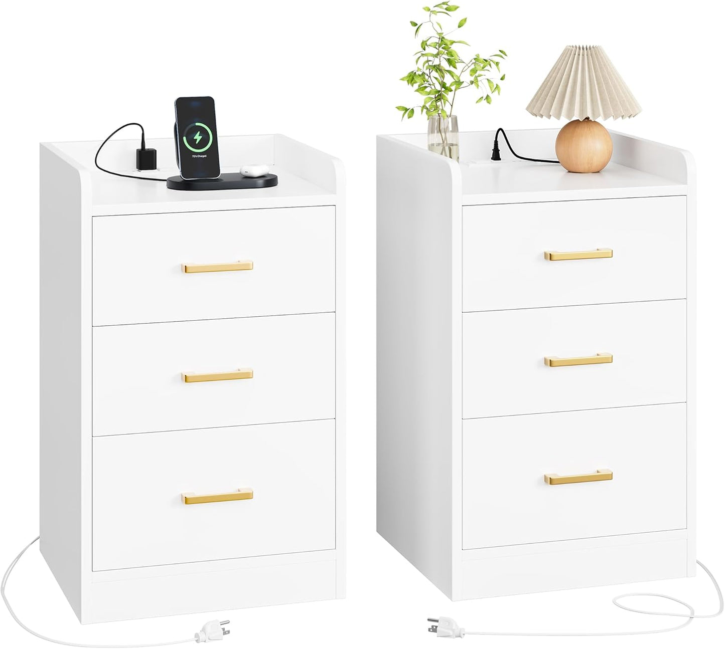 Nightstands Set of 2 with Charging Station, 3 Drawer Nightstand with Gold Handles, White Nightstand for Bedroom, Modern Design End Side Table for Home, Office