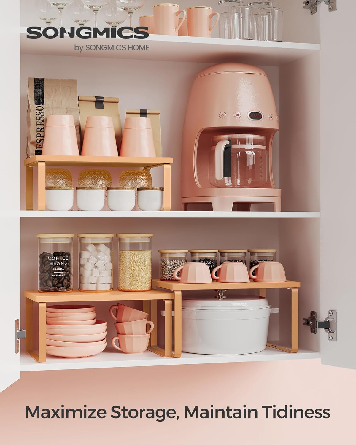 Cabinet Organizer Shelf, Set of 3 Kitchen Counter Shelves, Kitchen Storage, Spice Rack, Stackable, Expandable, Apricot UKCS220Y01V1