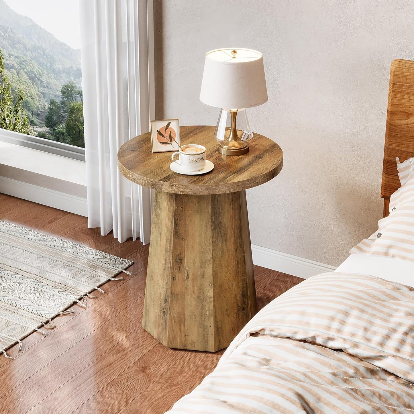 round Pedestal End Table, Farmhouse Couch Side Table with Octagonal Base, Wooden Drink Stand Accent Nightstand (1, Rustic Brown)