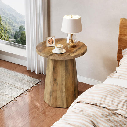 round Pedestal End Table, Farmhouse Couch Side Table with Octagonal Base, Wooden Drink Stand Accent Nightstand (1, Rustic Brown)