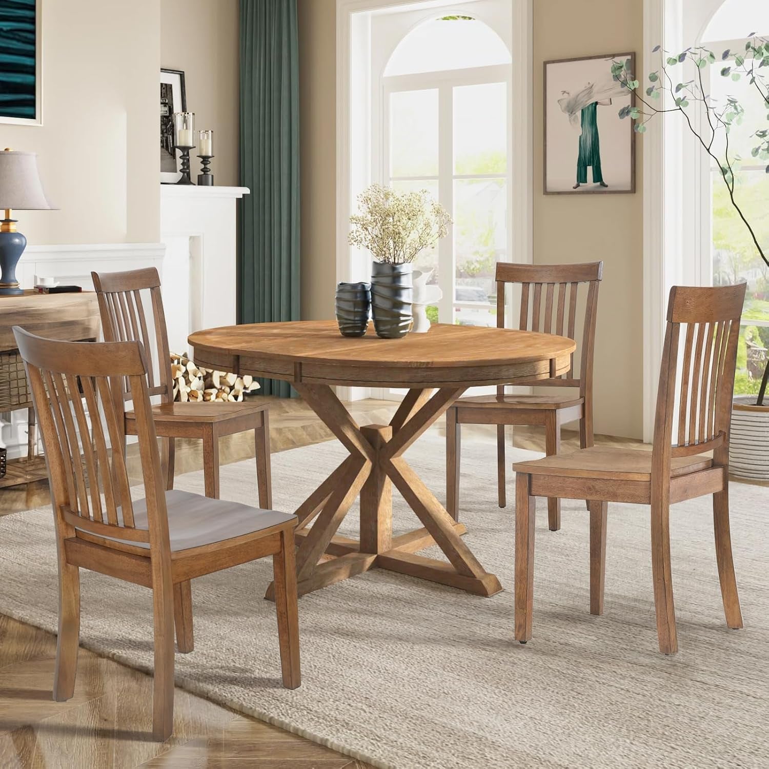 Wooden Dining Chairs Set of 4, Spindle High Back Windsor Kitchen Side Chair, Farmhouse Dining Chairs for Kitchen and Dining Room, Light Brown