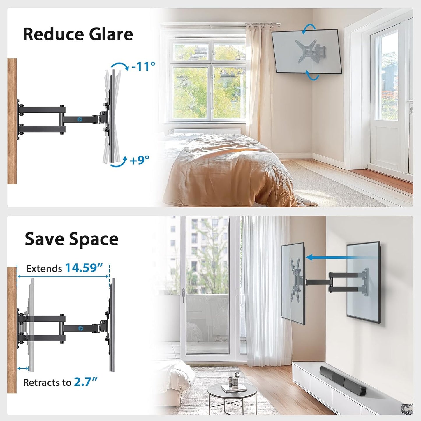 Full Motion TV Monitor Wall Mount Bracket Swivel Tilt Extension Rotation for Echo Show 21/15 and Most 13-42 Inch LED LCD Flat Curved Screen Tvs & Monitors, Max VESA 200X200Mm up to 44Lbs