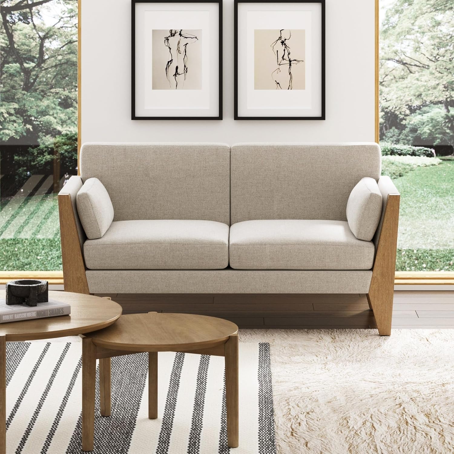 Zion 2-Seater Modern Farmhouse Sofa with Linen Upholstery and Solid Wood Arms, Sand/Light Brown Wood