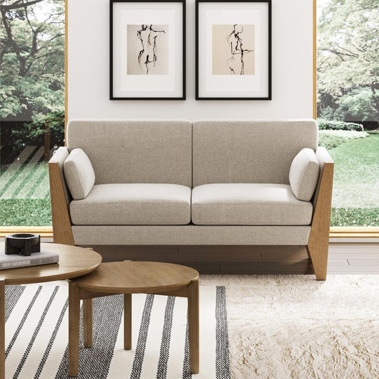 Zion 2-Seater Modern Farmhouse Sofa with Linen Upholstery and Solid Wood Arms, Sand/Light Brown Wood