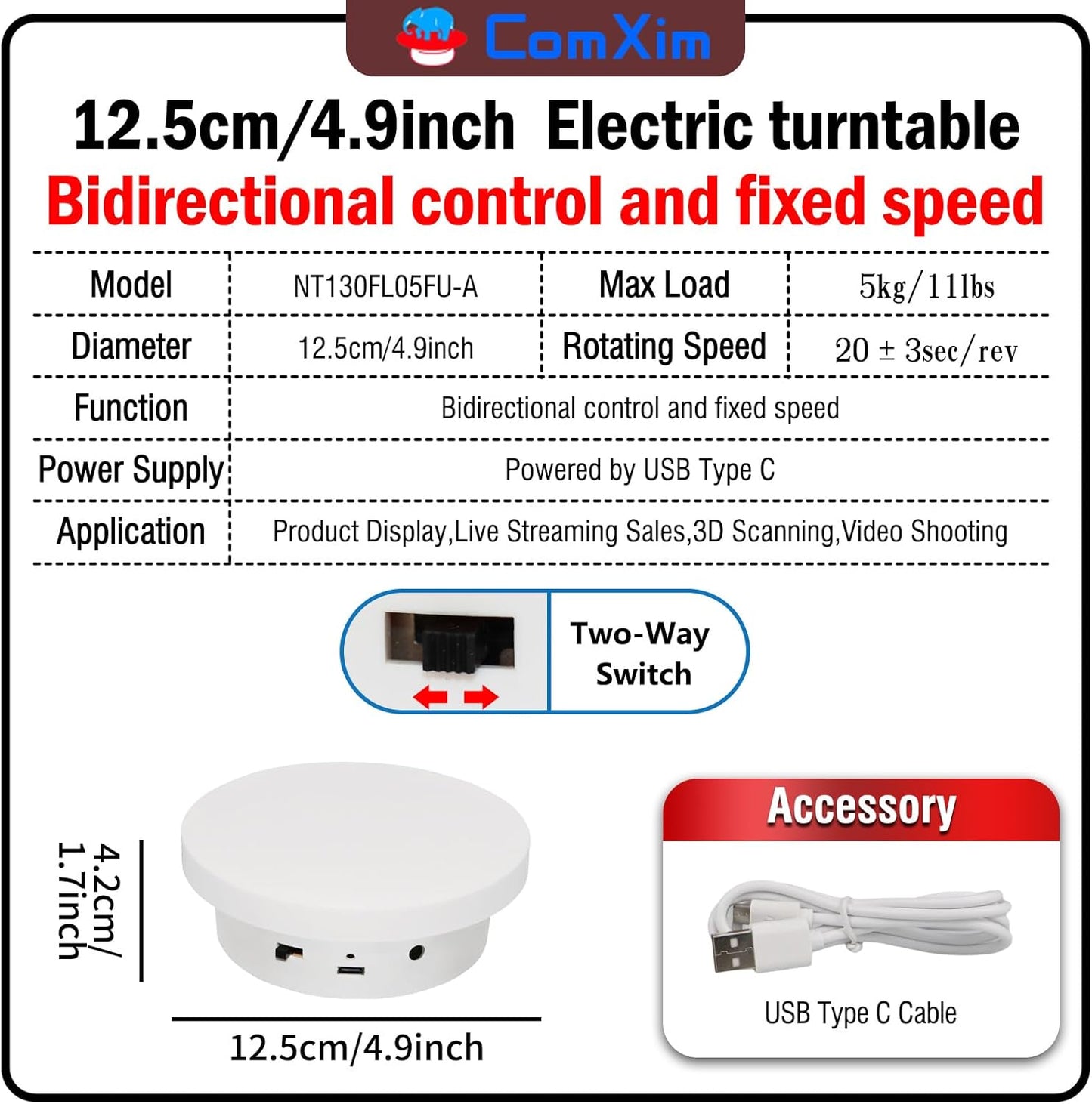Motorized Rotating Display Stand 5.1In/11Lbs, Cup Display Turner, 360 Photography Turntable for Tumbler, Spinning Platform for Jewelry Display, Electric Turntable for Epoxy Glitter Tumbler(13Cm White)