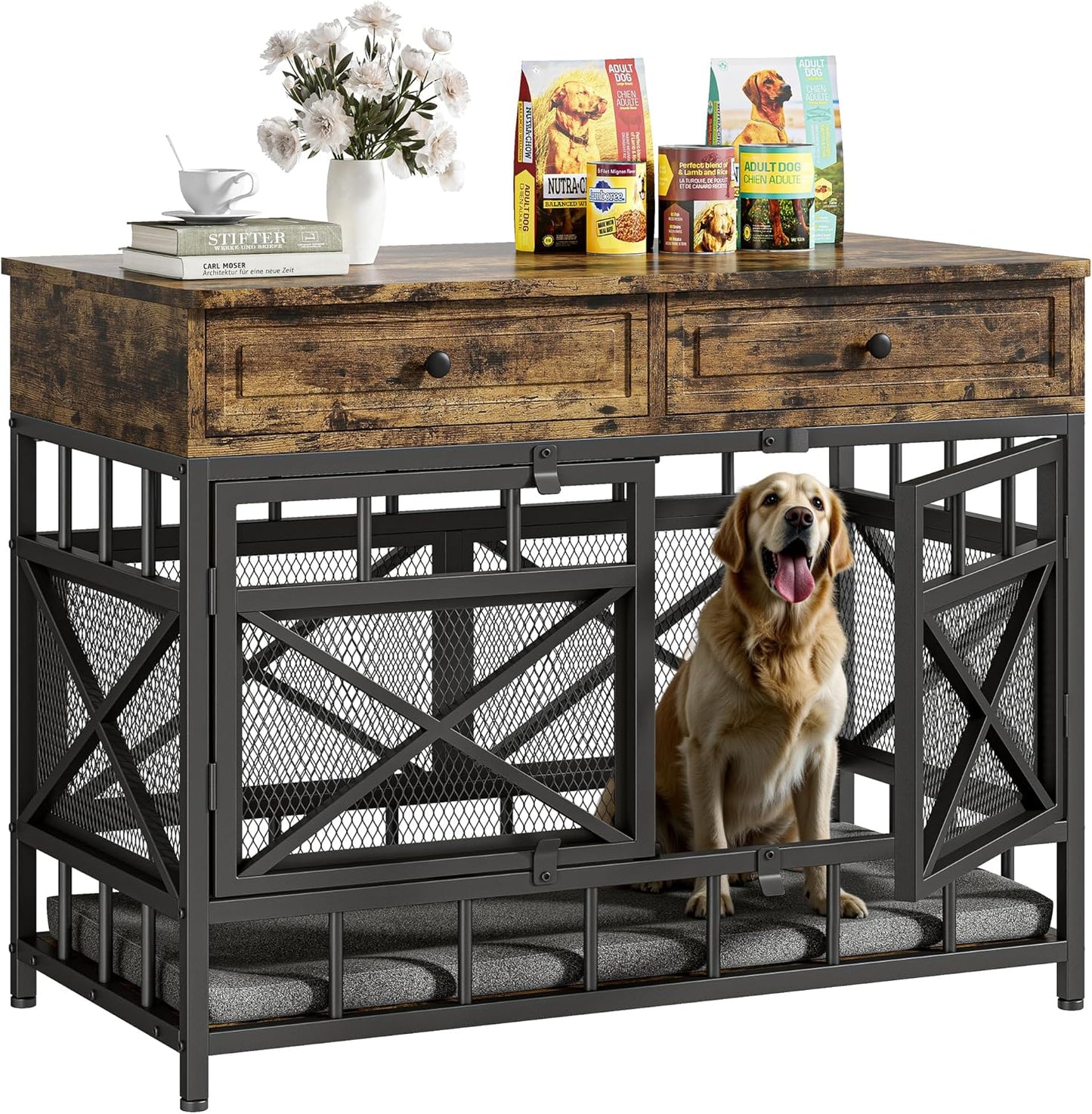44 Inch Large Dog Crate Furniture, Wooden Dog Kennel with Storage Drawers for Medium/Large Dogs, Decorative Dogs Kennel Indoor, Rustic Brown