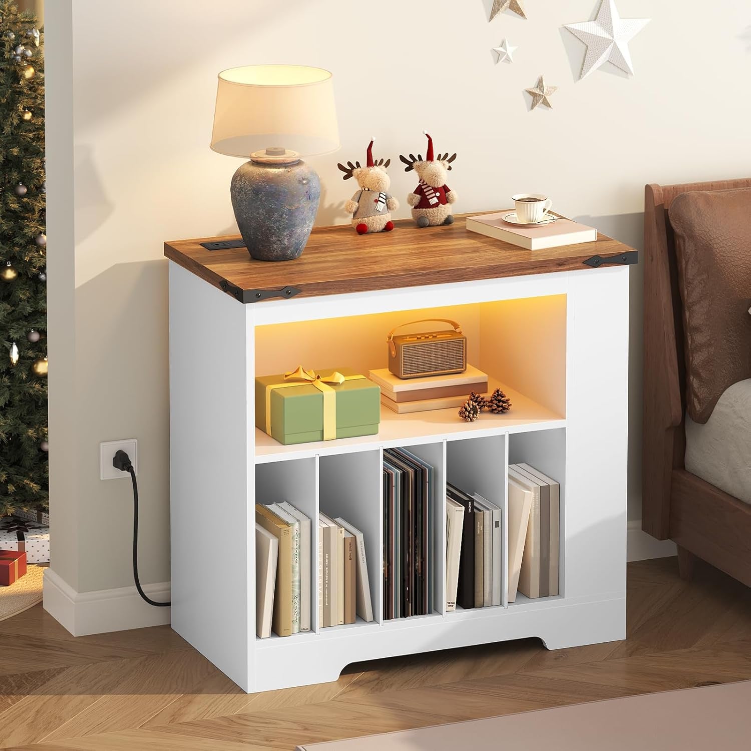 Large Record Player Stand with Charging Station & LED Lights, Vinyl Record Storage Table Holds up to 230 Albums, Turntable Stand with Display Shelf for Living Room, Walnut and White WH80UDRS01