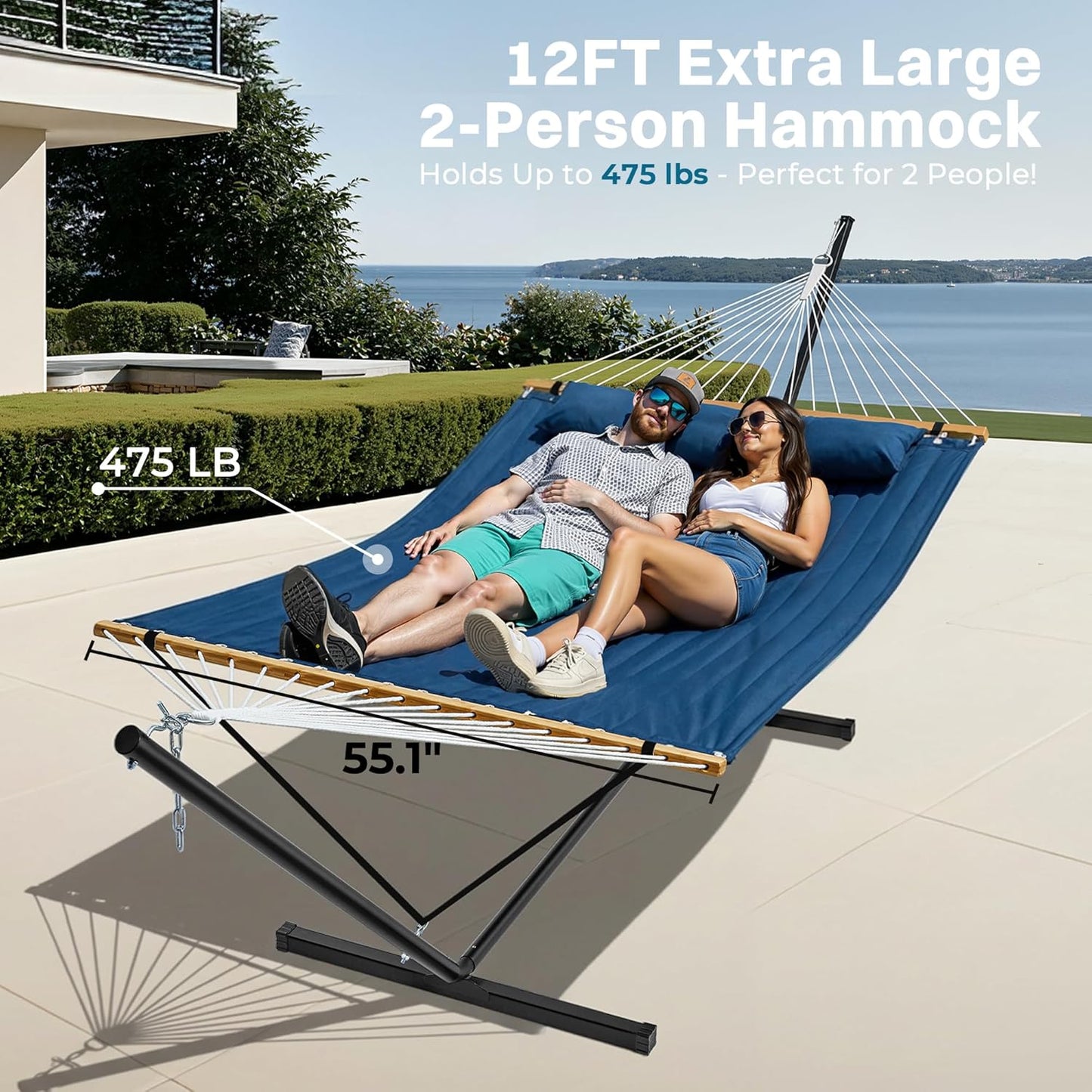 Hammock with Stand, 2 Person Quilted Outdoor Hammock, Detachable Pillow & Bamboo Spreaders, Portable Hammock with Carrying Bag, Heavy Duty Stand, Perfect for Outside, Patio, Navy Blue